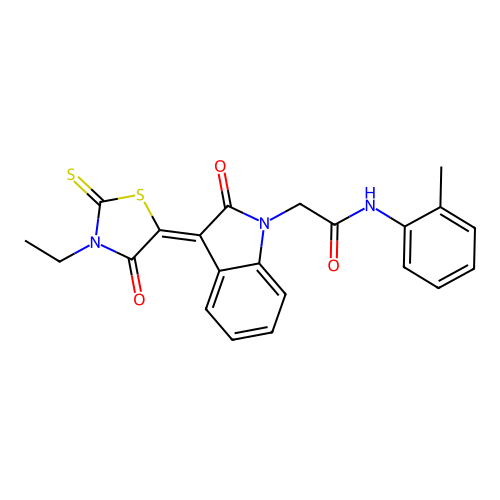 2-[(3Z)-3-(3-ethyl-4-oxo-2-thioxo-1,3-thiazolidin-5-ylidene)-2-oxo-2,3-dihydro-1H-indol-1-yl]-N-(2-methylphenyl)acetamide structure