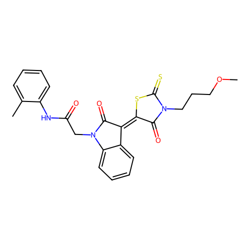 2-{(3Z)-3-[3-(3-methoxypropyl)-4-oxo-2-thioxo-1,3-thiazolidin-5-ylidene]-2-oxo-2,3-dihydro-1H-indol-1-yl}-N-(2-methylphenyl)acetamide structure