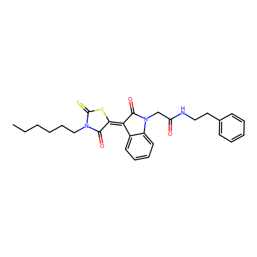 2-[(3Z)-3-(3-hexyl-4-oxo-2-thioxo-1,3-thiazolidin-5-ylidene)-2-oxo-2,3-dihydro-1H-indol-1-yl]-N-(2-phenylethyl)acetamide structure