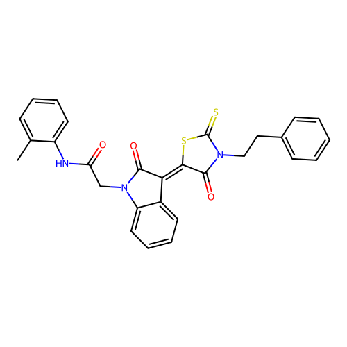 N-(2-methylphenyl)-2-{(3Z)-2-oxo-3-[4-oxo-3-(2-phenylethyl)-2-thioxo-1,3-thiazolidin-5-ylidene]-2,3-dihydro-1H-indol-1-yl}acetamide structure