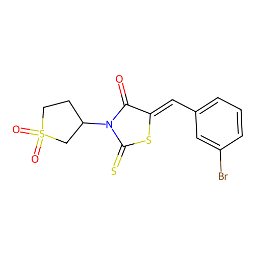 (5Z)-5-[(3-bromophenyl)methylidene]-3-(1,1-dioxothiolan-3-yl)-2-sulfanylidene-1,3-thiazolidin-4-one structure