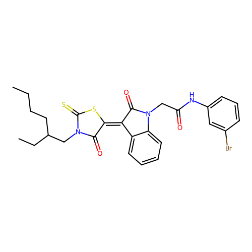 N-(3-bromophenyl)-2-{(3Z)-3-[3-(2-ethylhexyl)-4-oxo-2-thioxo-1,3-thiazolidin-5-ylidene]-2-oxo-2,3-dihydro-1H-indol-1-yl}acetamide structure
