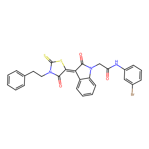 N-(3-bromophenyl)-2-{(3Z)-2-oxo-3-[4-oxo-3-(2-phenylethyl)-2-thioxo-1,3-thiazolidin-5-ylidene]-2,3-dihydro-1H-indol-1-yl}acetamide structure