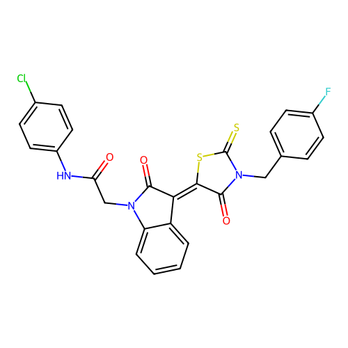 N-(4-chlorophenyl)-2-{(3Z)-3-[3-(4-fluorobenzyl)-4-oxo-2-thioxo-1,3-thiazolidin-5-ylidene]-2-oxo-2,3-dihydro-1H-indol-1-yl}acetamide structure
