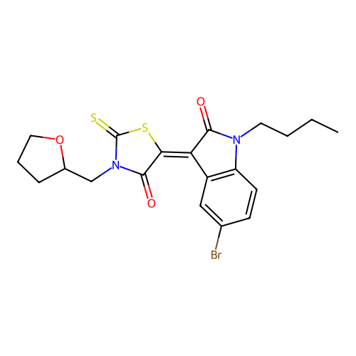 (Z)-5-(5-bromo-1-butyl-2-oxoindolin-3-ylidene)-3-((tetrahydrofuran-2-yl)methyl)-2-thioxothiazolidin-4-one structure