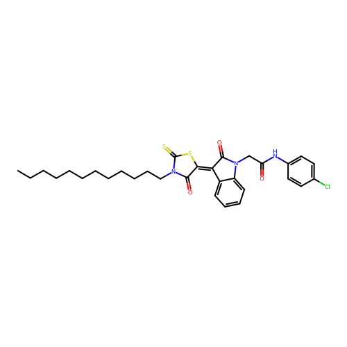 N-(4-chlorophenyl)-2-[(3Z)-3-(3-dodecyl-4-oxo-2-thioxo-1,3-thiazolidin-5-ylidene)-2-oxo-2,3-dihydro-1H-indol-1-yl]acetamide structure