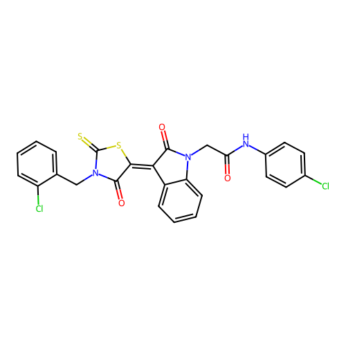 2-{(3Z)-3-[3-(2-chlorobenzyl)-4-oxo-2-thioxo-1,3-thiazolidin-5-ylidene]-2-oxo-2,3-dihydro-1H-indol-1-yl}-N-(4-chlorophenyl)acetamide structure