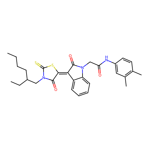 N-(3,4-dimethylphenyl)-2-{(3Z)-3-[3-(2-ethylhexyl)-4-oxo-2-thioxo-1,3-thiazolidin-5-ylidene]-2-oxo-2,3-dihydro-1H-indol-1-yl}acetamide structure