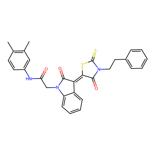 N-(3,4-dimethylphenyl)-2-{(3Z)-2-oxo-3-[4-oxo-3-(2-phenylethyl)-2-thioxo-1,3-thiazolidin-5-ylidene]-2,3-dihydro-1H-indol-1-yl}acetamide structure