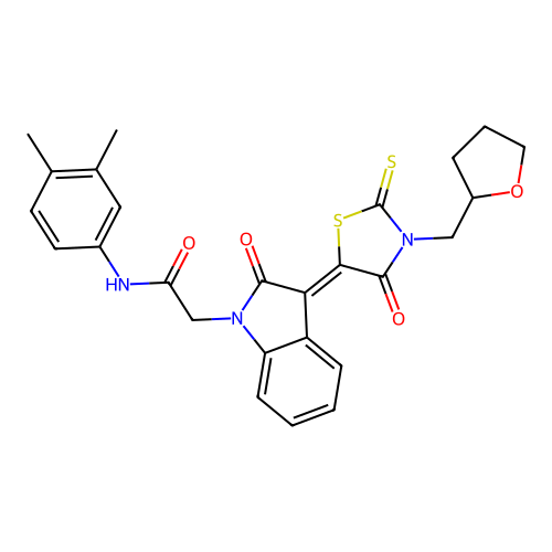 N-(3,4-dimethylphenyl)-2-[(3Z)-2-oxo-3-[4-oxo-3-(oxolan-2-ylmethyl)-2-sulfanylidene-1,3-thiazolidin-5-ylidene]indol-1-yl]acetamide structure