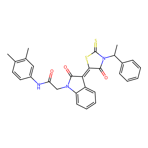 N-(3,4-dimethylphenyl)-2-{(3Z)-2-oxo-3-[4-oxo-3-(1-phenylethyl)-2-thioxo-1,3-thiazolidin-5-ylidene]-2,3-dihydro-1H-indol-1-yl}acetamide structure
