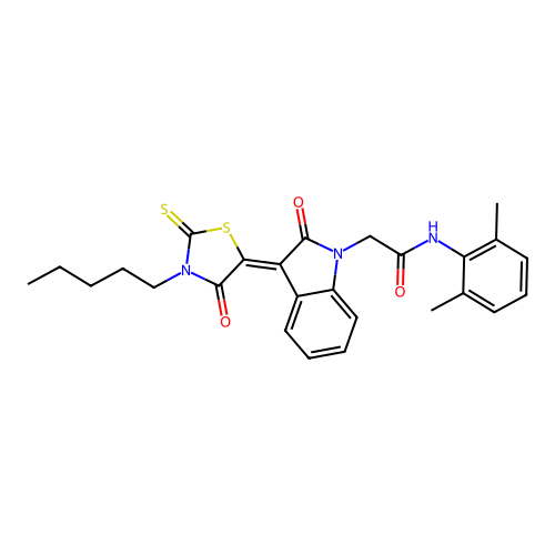 N-(2,6-dimethylphenyl)-2-[(3Z)-2-oxo-3-(4-oxo-3-pentyl-2-thioxo-1,3-thiazolidin-5-ylidene)-2,3-dihydro-1H-indol-1-yl]acetamide structure