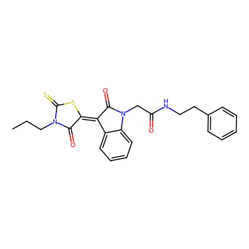 2-[(3Z)-2-oxo-3-(4-oxo-3-propyl-2-thioxo-1,3-thiazolidin-5-ylidene)-2,3-dihydro-1H-indol-1-yl]-N-(2-phenylethyl)acetamide structure