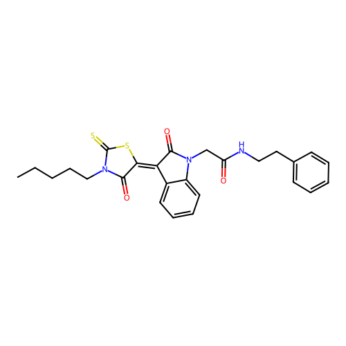 2-[(3Z)-2-oxo-3-(4-oxo-3-pentyl-2-thioxo-1,3-thiazolidin-5-ylidene)-2,3-dihydro-1H-indol-1-yl]-N-(2-phenylethyl)acetamide structure