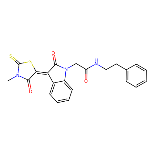 2-[(3Z)-3-(3-methyl-4-oxo-2-thioxo-1,3-thiazolidin-5-ylidene)-2-oxo-2,3-dihydro-1H-indol-1-yl]-N-(2-phenylethyl)acetamide structure