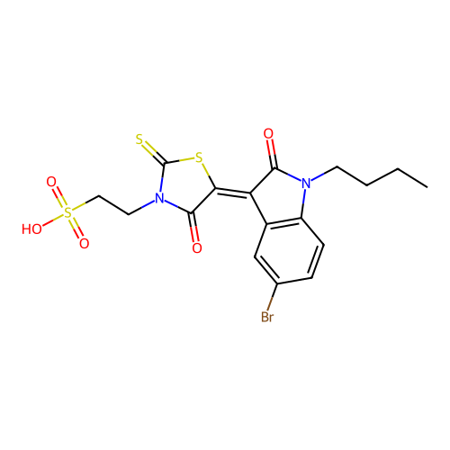 2-(5-(5-Bromo-1-butyl-2-oxoindolin-3-ylidene)-4-oxo-2-thioxothiazolidin-3-yl)ethanesulfonic acid structure