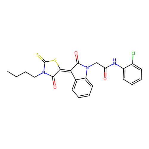 2-[(3Z)-3-(3-butyl-4-oxo-2-thioxo-1,3-thiazolidin-5-ylidene)-2-oxo-2,3-dihydro-1H-indol-1-yl]-N-(2-chlorophenyl)acetamide structure