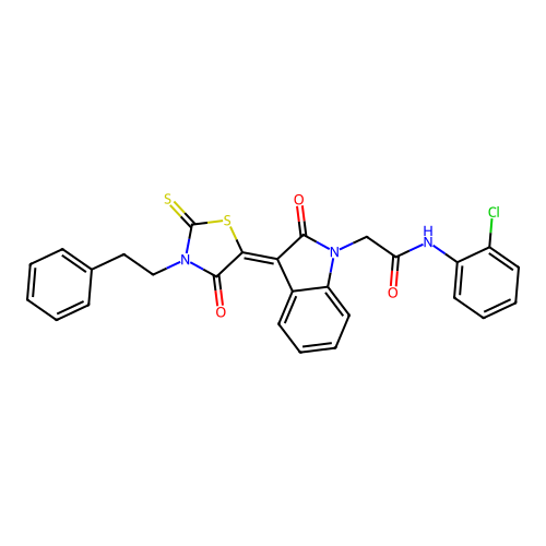 N-(2-chlorophenyl)-2-{(3Z)-2-oxo-3-[4-oxo-3-(2-phenylethyl)-2-thioxo-1,3-thiazolidin-5-ylidene]-2,3-dihydro-1H-indol-1-yl}acetamide structure