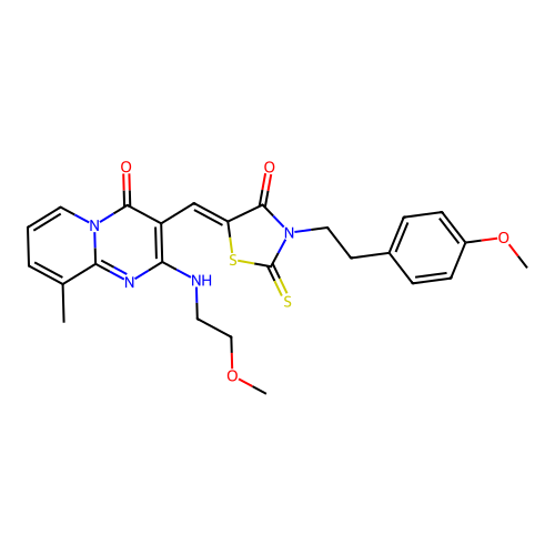 2-[(2-methoxyethyl)amino]-3-((Z)-{3-[2-(4-methoxyphenyl)ethyl]-4-oxo-2-thioxo-1,3-thiazolidin-5-ylidene}methyl)-9-methyl-4H-pyrido[1,2-a]pyrimidin-4-one structure