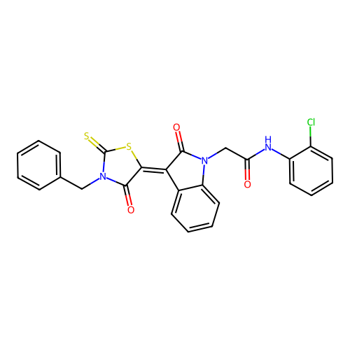 2-[(3Z)-3-(3-benzyl-4-oxo-2-thioxo-1,3-thiazolidin-5-ylidene)-2-oxo-2,3-dihydro-1H-indol-1-yl]-N-(2-chlorophenyl)acetamide structure