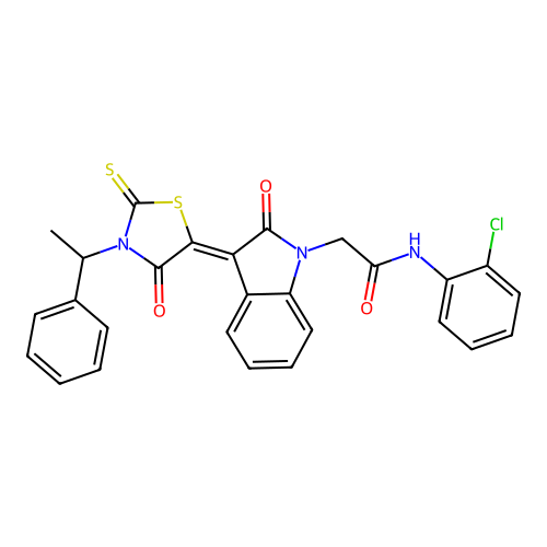 N-(2-chlorophenyl)-2-{(3Z)-2-oxo-3-[4-oxo-3-(1-phenylethyl)-2-thioxo-1,3-thiazolidin-5-ylidene]-2,3-dihydro-1H-indol-1-yl}acetamide structure