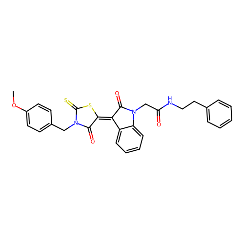 2-{(3Z)-3-[3-(4-methoxybenzyl)-4-oxo-2-thioxo-1,3-thiazolidin-5-ylidene]-2-oxo-2,3-dihydro-1H-indol-1-yl}-N-(2-phenylethyl)acetamide structure