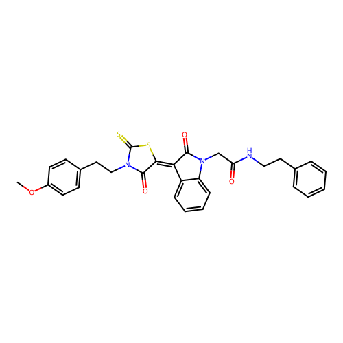 2-((3Z)-3-{3-[2-(4-methoxyphenyl)ethyl]-4-oxo-2-thioxo-1,3-thiazolidin-5-ylidene}-2-oxo-2,3-dihydro-1H-indol-1-yl)-N-(2-phenylethyl)acetamide structure