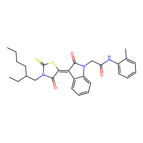 2-{(3Z)-3-[3-(2-ethylhexyl)-4-oxo-2-thioxo-1,3-thiazolidin-5-ylidene]-2-oxo-2,3-dihydro-1H-indol-1-yl}-N-(2-methylphenyl)acetamide structure