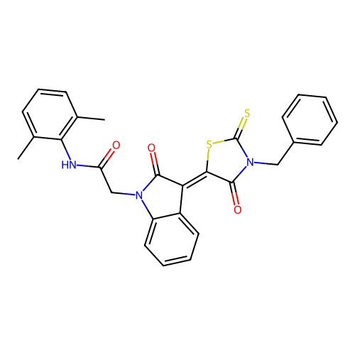 2-[(3Z)-3-(3-benzyl-4-oxo-2-thioxo-1,3-thiazolidin-5-ylidene)-2-oxo-2,3-dihydro-1H-indol-1-yl]-N-(2,6-dimethylphenyl)acetamide structure
