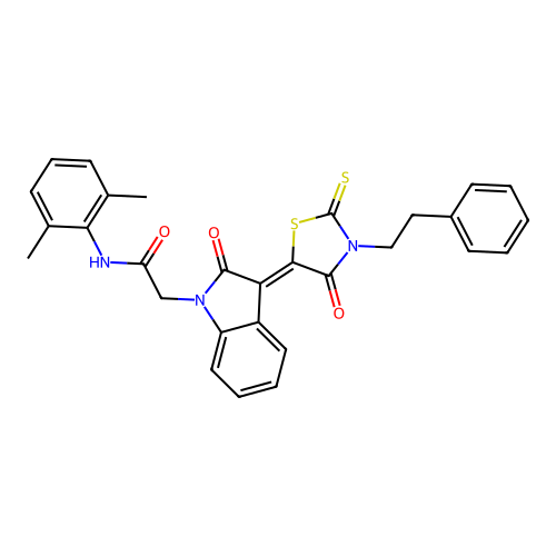 N-(2,6-dimethylphenyl)-2-{(3Z)-2-oxo-3-[4-oxo-3-(2-phenylethyl)-2-thioxo-1,3-thiazolidin-5-ylidene]-2,3-dihydro-1H-indol-1-yl}acetamide structure