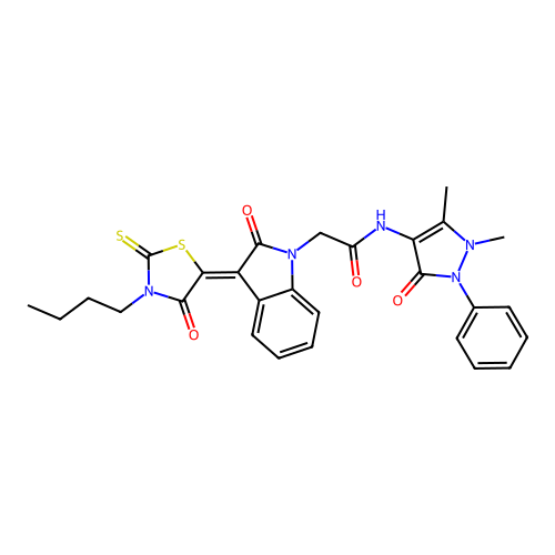 2-[(3Z)-3-(3-butyl-4-oxo-2-thioxo-1,3-thiazolidin-5-ylidene)-2-oxo-2,3-dihydro-1H-indol-1-yl]-N-(1,5-dimethyl-3-oxo-2-phenyl-2,3-dihydro-1H-pyrazol-4-yl)acetamide structure