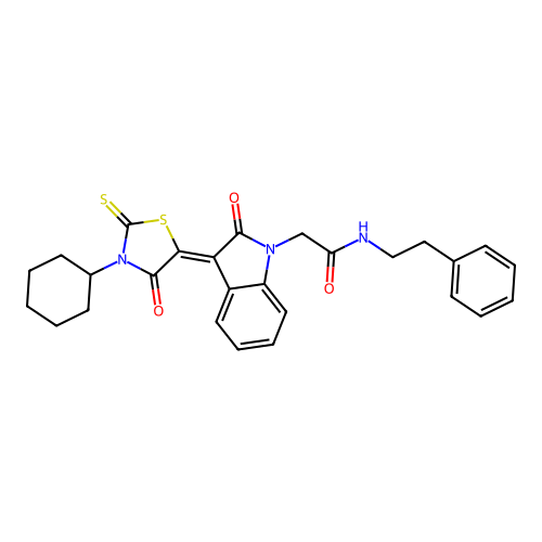 2-[(3Z)-3-(3-cyclohexyl-4-oxo-2-thioxo-1,3-thiazolidin-5-ylidene)-2-oxo-2,3-dihydro-1H-indol-1-yl]-N-(2-phenylethyl)acetamide structure