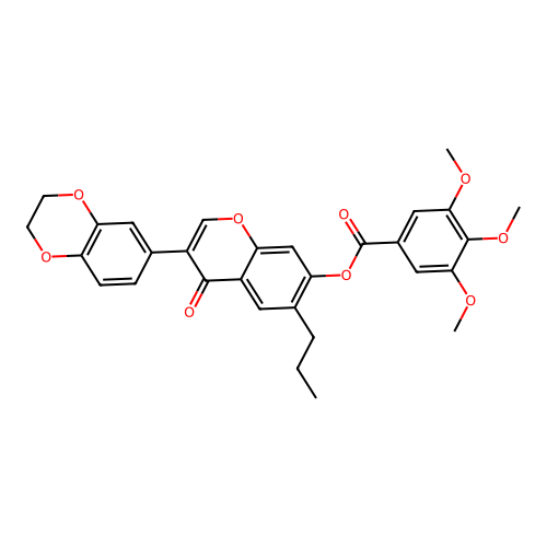 [3-(2,3-dihydro-1,4-benzodioxin-6-yl)-4-oxo-6-propylchromen-7-yl] 3,4,5-trimethoxybenzoate structure