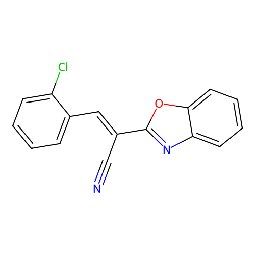 (2E)-2-(1,3-benzoxazol-2-yl)-3-(2-chlorophenyl)prop-2-enenitrile structure