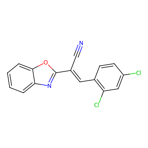 (2E)-2-(1,3-benzoxazol-2-yl)-3-(2,4-dichlorophenyl)prop-2-enenitrile structure