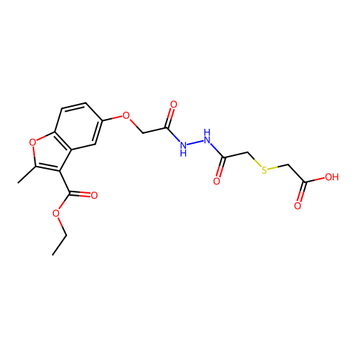 ({2-[2-({[3-(ethoxycarbonyl)-2-methyl-1-benzofuran-5-yl]oxy}acetyl)hydrazinyl]-2-oxoethyl}sulfanyl)acetic acid structure