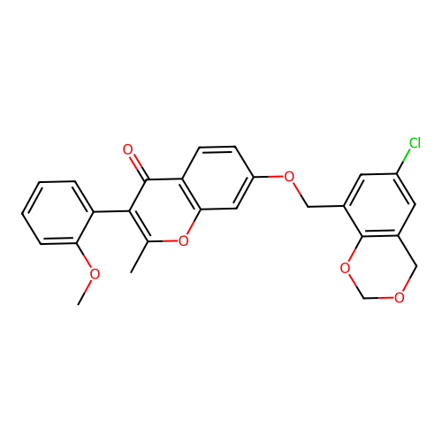 7-[(6-chloro-4H-1,3-benzodioxin-8-yl)methoxy]-3-(2-methoxyphenyl)-2-methylchromen-4-one structure