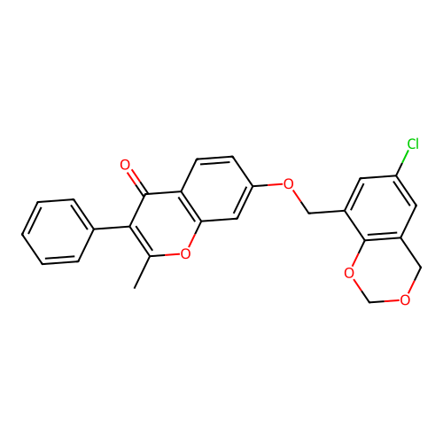7-[(6-chloro-4H-1,3-benzodioxin-8-yl)methoxy]-2-methyl-3-phenyl-4H-chromen-4-one structure