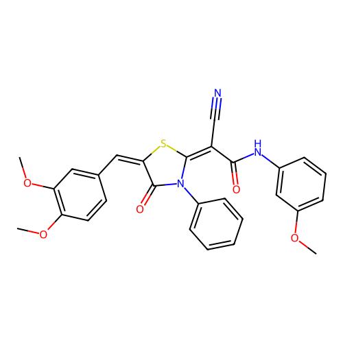 (2E)-2-cyano-2-[(5E)-5-(3,4-dimethoxybenzylidene)-4-oxo-3-phenyl-1,3-thiazolidin-2-ylidene]-N-(3-methoxyphenyl)ethanamide structure