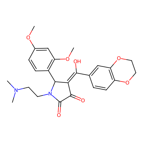 (4E)-4-[2,3-dihydro-1,4-benzodioxin-6-yl(hydroxy)methylidene]-5-(2,4-dimethoxyphenyl)-1-(2-dimethylaminoethyl)pyrrolidine-2,3-dione structure