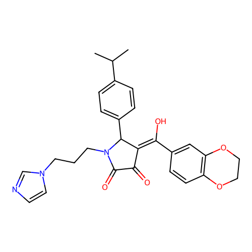 (4E)-4-[2,3-dihydro-1,4-benzodioxin-6-yl(hydroxy)methylidene]-1-(3-imidazol-1-ylpropyl)-5-(4-propan-2-ylphenyl)pyrrolidine-2,3-dione structure