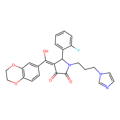 (4E)-4-[2,3-dihydro-1,4-benzodioxin-6-yl(hydroxy)methylidene]-5-(2-fluorophenyl)-1-(3-imidazol-1-ylpropyl)pyrrolidine-2,3-dione structure