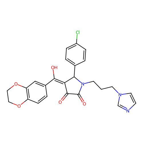 (4E)-5-(4-chlorophenyl)-4-[2,3-dihydro-1,4-benzodioxin-6-yl(hydroxy)methylidene]-1-(3-imidazol-1-ylpropyl)pyrrolidine-2,3-dione structure