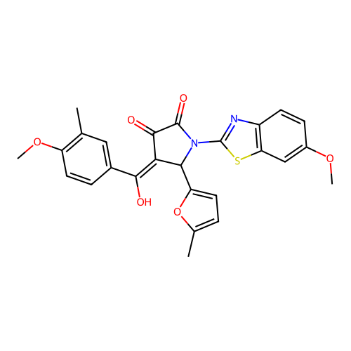 (4E)-4-[hydroxy(4-methoxy-3-methylphenyl)methylidene]-1-(6-methoxy-1,3-benzothiazol-2-yl)-5-(5-methylfuran-2-yl)pyrrolidine-2,3-dione structure