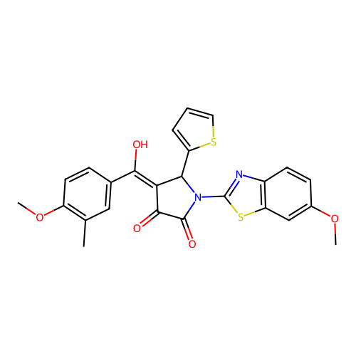 (4E)-4-[hydroxy(4-methoxy-3-methylphenyl)methylidene]-1-(6-methoxy-1,3-benzothiazol-2-yl)-5-(thiophen-2-yl)pyrrolidine-2,3-dione structure