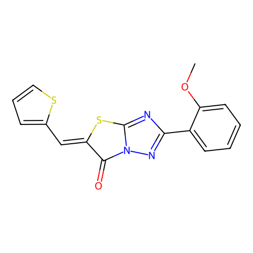 (5Z)-2-(2-methoxyphenyl)-5-(thiophen-2-ylmethylidene)-[1,3]thiazolo[3,2-b][1,2,4]triazol-6-one structure