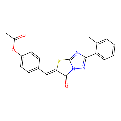 (Z)-4-((6-oxo-2-(o-tolyl)thiazolo[3,2-b][1,2,4]triazol-5(6H)-ylidene)methyl)phenyl acetate structure