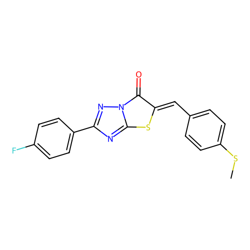 (5Z)-2-(4-fluorophenyl)-5-[4-(methylsulfanyl)benzylidene][1,3]thiazolo[3,2-b][1,2,4]triazol-6(5H)-one structure