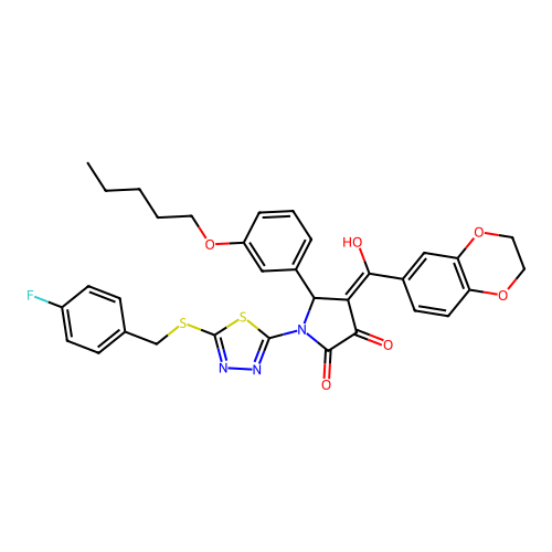 4-(2,3-dihydrobenzo[b][1,4]dioxine-6-carbonyl)-1-(5-((4-fluorobenzyl)thio)-1,3,4-thiadiazol-2-yl)-3-hydroxy-5-(3-(pentyloxy)phenyl)-1H-pyrrol-2(5H)-one structure