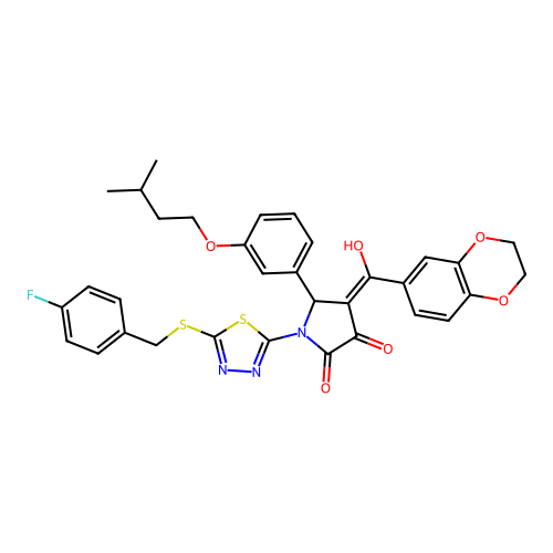 4-(2,3-dihydrobenzo[b][1,4]dioxine-6-carbonyl)-1-(5-((4-fluorobenzyl)thio)-1,3,4-thiadiazol-2-yl)-3-hydroxy-5-(3-(isopentyloxy)phenyl)-1H-pyrrol-2(5H)-one structure